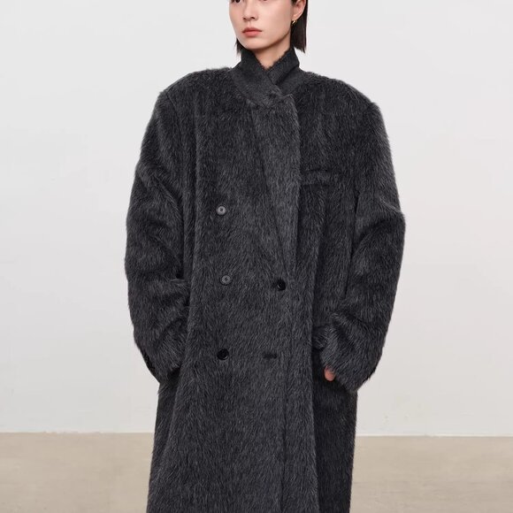 CHICJOC Long Tailored Alpaca Wool Coat Melange Dark Gray Size 36 - Picture 8 of 16